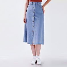 Blue Single Breasted A Line Denim High Waist Midi Skirt | Uniqistic.com High Waist Denim Dress, Non-stretch Buttoned Denim Dress, Casual High Waist Denim Dress For Spring, Summer Button-up Denim Skirt In Denim Blue, Summer Button-up Denim Blue Skirt, Summer Button-up Denim Blue Denim Skirt, Non-stretch Cotton Denim Dress With Buttons, Non-stretch Denim Skirt With Button Closure For Spring, Dark Wash Button Skirt For Summer