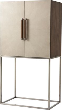 a cabinet with two doors and metal legs