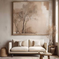 a living room with a couch, coffee table and painting on the wall above it