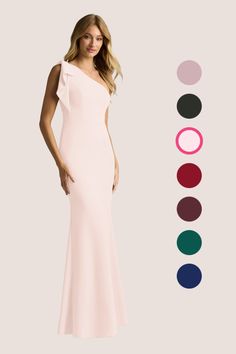 Style your leading ladies in the Rinna bridesmaid dress for a bold and modern look. Cut from crepe, she features a one-shoulder strap adorned with a dramatic bow. The mermaid skirt gives an added touch of sophistication. Blush Pink Bridesmaid Dresses, Pink Bridesmaid Dress, Shoulder Stretch, Mermaid Skirt, Stretch Crepe, Bridesmaid Dress, Bridal Party, Blush Pink, Floor Length