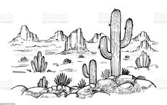 a black and white drawing of a cactus in the desert