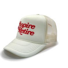 Aspire to Retire - Script Trucker Bone White Trucker Hat With Letter Print For Streetwear, White Letter Print Trucker Hat For Streetwear, White 5-panel Snapback Hat With Letter Print, White Breathable Trucker Hat, White Retro Baseball Cap With Letter Print, Retro White Trucker Hat With Letter Print, Printed Tape, Sweat Band, Cocktail Club