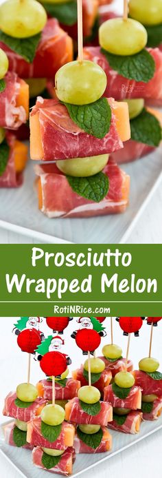 prosciutto wrapped melon on skewers with pickles and olives