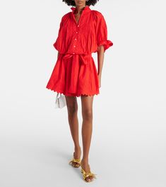 Cotton poplin shirt dress in red - Juliet Dunn | Mytheresa Belted Cotton Shirt Dress For Spring, Spring Cotton Belted Shirt Dress, Cotton Belted Shirt Dress For Spring, Cotton Belted Day Dresses, Daywear Cotton Belted Dress, Cotton Belted Dress For Daywear, Red Cotton Shirt Dress For Summer, Red Cotton Short Sleeve Shirt Dress, Red Shirt Dress For Spring Daywear