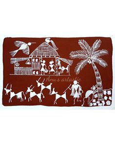 a red and white mat with an image of people riding on camels, palm trees and houses