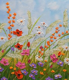 an oil painting of flowers and grass with blue sky in the background