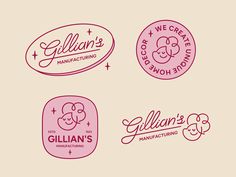 four different logos designed to look like cartoon characters, with the name gill's on them