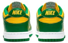 This Nike Dunk Low Brazil features a yellow base with green overlays paired with white laces and midsole atop a green rubber outsole. Green Custom Sneakers With Contrast Sole For Streetwear, Green Custom Sneakers With Boost Midsole For Sports, Green Custom Low-top Sneakers With Contrast Sole, Green Low-top Custom Sneakers With Contrast Sole, Green High-top Custom Sneakers For Sports, Green Sneakers With Rubber Waffle Outsoles For Streetwear, Sporty Custom Green Sneakers With Rubber Sole, Sporty Custom Sneakers With Rubber Sole In Green, Custom Green Lace-up Sneakers With Boost Midsole