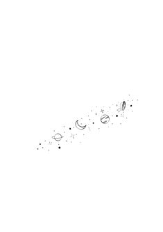 a black and white drawing of the moon, stars, and planets on a white background