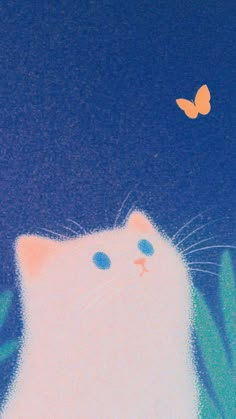 a painting of a white cat and a butterfly