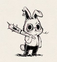 a drawing of a bunny holding an arrow in it's hand and looking at the camera