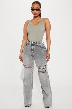 Available In Grey And Medium Wash. Straight Leg Jean Medium Stretch Ripped 5 Pocket 34" Inseam 11.5" High Rise Disclaimer: Due To The Specialized Wash & Distressing Process, Each Garment Is Unique 93% Cotton 6% Polyester 1% Spandex Imported | Remi Ripped Stretch Baggy Jeans in Grey size 14 Plus by Fashion Nova Gray Baggy Jeans, Men Jeans Pants, Ribbed Top, Grey Jeans, Jean Grey, Matching Dresses, Grey Fashion, Baggy Jeans, Active Wear For Women