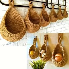 there are several baskets hanging on the wall