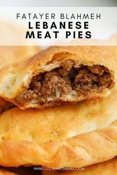 two meat pies stacked on top of each other with text overlay that reads fatayer blahme lebanse meat pies