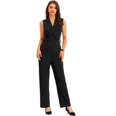 Versatile to suit each body size, each age, and each occasion, it is a timeless item for your wardrobe. A solid shawl collar jumpsuit is ready for you to move in and out of the office. With the design of the self-tie belt and high waist, it can accentuate your graceful figure. The invisible zipper back can be easily dressed up or down and the tie belt draws out your waistline and shows your body curve perfectly. Elegant Sleeveless Solid Color Pantsuit, Elegant Sleeveless Jumpsuit In Solid Color, Black Sleeveless Jumpsuits For Office, Solid Sleeveless Pantsuit For Work, Sleeveless Solid Color Workwear Pantsuit, Sleeveless Workwear Jumpsuits And Rompers, Sleeveless Solid Color Jumpsuits For Work, Collar Jumpsuit, Cropped Jumpsuit