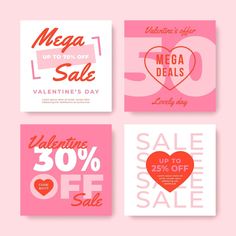 four valentine's day sale cards in pink and white