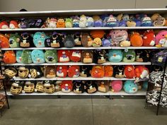 there are many stuffed animals on the shelves