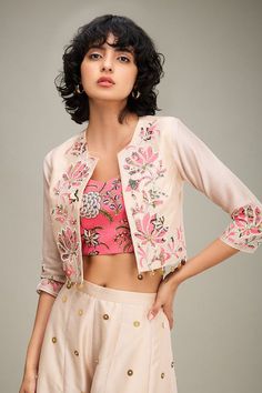 Beige chanderi jacket with floral applique hand embroidery. Comes with palazzo and a bustier. - Aza Fashions Fusion Wear, Vacuum Storage, Palazzo Set, Indian Wedding Wear, Indian Bridal Fashion, Hand Applique, Floral Jacket, Lehenga Designs, Embroidered Jacket