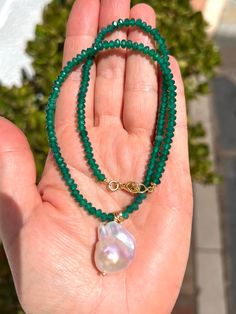 October Birthstone Necklace, Baroque Pearl Pendant, Handmade Statement Necklace, Green Beaded Necklace, Malachite Jewelry, Hippie Necklace, Baroque Pearl Necklace, Pink Necklace, Handmade Jewelry Gift