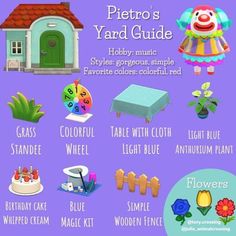 a purple poster with different types of items in front of it and the words pieto's yard guide written below