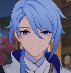 an anime character with blue hair is looking at the camera