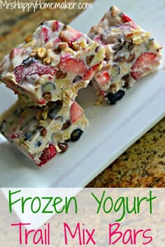 frozen yogurt trail mix bars on a white plate with text overlay that says frozen yogurt trail mix bars