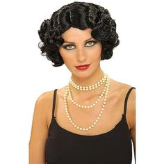 Add some amazing style to the Halloween season with the Flapper Wavy Wig (Black). You'll look like a Hollywood starlet with this gorgeous wig. It is a great accessory for any Flapper costume that's missing just the right topper. Have a great time dancing and partying like a true 1920's beauty. Size: One Size. Sanggul Cepol, 1920 Hairstyles, Flapper Hair, Retro Updo, 1920s Hair, Angled Bob Hairstyles, Wig Black, Bob Cut Wigs, Flapper Costume