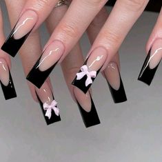 Really Pretty Black French Tip Nailsqith Pink Bows Hello Kitty Nails Acrylic Coffin Short, Simple Long Square Nails, My Melody Nails Short, Black Pink And White Nails, Nails Simple Long, Nails With Charms Black, Black And Light Pink Nails, Acrylic Nail Designs Square, Black Coquette Nails