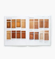 an open book showing different types of wood doors and shutters in various colors, shapes and sizes