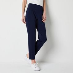 Cut for a high-rise, this pair of women's pants from Stylus is the perfect wardrobe addition for a casual or tailored look. They are made from a woven stretch fabric with a smooth elastic waistband, side and back pockets, and tapered legs that hit right at the ankle. Wear yours with a t-shirt and sneakers for an off-duty look.Front Style: Flat FrontFeatures: Stretch FabricClosure Type: Pull OnFit: Regular FitPockets: 2 Front Slip Pockets, 2 Back Faux PocketsRise: High RiseFiber Content: 83% Poly Pull-on Style High-waisted Wide Leg Pants For Business Casual, Comfort Stretch Solid Trousers, Casual Straight Leg Pull-on Dress Pants, Straight Leg Dress Pants With Elastic Waistband, Relaxed Fit Straight Elastane Pants, Relaxed Fit Elastane Trousers, Comfort Stretch Tapered Leg Pants With Pull-on Style, Comfort Stretch Pull-on Pants With Tapered Leg, Comfort Stretch Pull-on Tapered Leg Pants