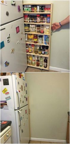 there are two pictures showing the inside of a refrigerator and an open door with magnets on it