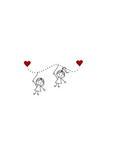 two stick figures are flying in the air with hearts