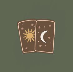 an open book with the sun and moon on it's pages, in front of a green background