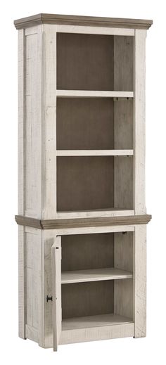 a white bookcase with two shelves and one door on the front, against a white background