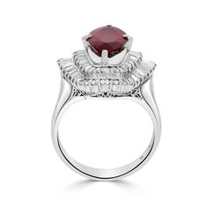 Featuring a stunning Ruby in a marquise cut, it flaunts baguette diamonds that surround the mesmerizing shade of the jewel, giving it an unblemished look. Crafted in platinum, this is a one-of-a-kind luminous ring! Product Information SKU RC55972/1 Metal Type Platinum Metal Color - Ring Style Halo Primary Stone Gemstone Name Ruby Gemstone Species Corundum No. Of Gemstones 1 Gemstone Shape Marquise Gemstone Color Red Gemstone Grade - Gemstone Clarity - Gemstone Weight 3.16 Gemstone Size 15.00 x 7 Baguette Cut Ruby Ring With Diamond, Elegant Ruby Ring With Baguette Diamonds For Formal Events, Elegant Ruby Ring With Baguette Diamonds For Formal Occasions, Elegant Marquise Ruby Ring With Halo Setting, Elegant Ruby Ring With Center Stone In Baguette Cut, Classic Marquise Ruby Ring With Brilliant Cut, Marquise Cut Ruby Ring With Diamond, Elegant Ruby Ring With Baguette Diamonds, Formal Ruby Ring With Baguette Diamonds