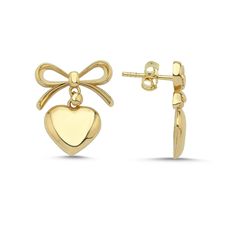 14K Yellow Gold Ribbon Bow Earrings, Heart and Ribbon Shaped Dangle Earrings, Dangling Heart Studs, Heart Shaped Dangle, Mother's Day Gift, Gift for Bestfriend, Earrings for Mom, Delicate Gift for Her ITEM DETAILS ❆ All our jewelleries are handmade with Love and Care 💓 ❆ Material: 14K Gold. ❆ Gram: 3,36 gr ❆ Each item is made to order. Since all of our products are handmade, there may be -) 10% deviation in the specified weight. ❆ DO YOU LIKE THIS RING? You can get more information about it bel Heart Drop Earrings Gift, Pierced Heart Earrings For Valentine's Day Gift, Drop Heart Earrings For Pierced Ears As Gift, Heart Shaped Drop Earrings As Gift, Gold Earrings For Mother's Day Gift, Valentine's Day Heart Charm Earrings As Gift, Valentine's Day Gift Heart Earrings Pierced, Valentine's Day Gift Heart Pierced Earrings, Heart Charm Drop Earrings For Gift