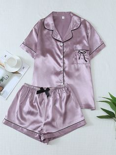 Lilac Purple Casual-Young Collar   Geometric,Letter,Plain Short Sets Embellished Slight Stretch All Women Sleep & Lounge Purple Pjs, Pijama Satin, Purple Pajamas, Satin Pjs, Silk Pjs, Summer Pajama Set, Lapel Top, Pyjama Satin, Cute Pajama Sets