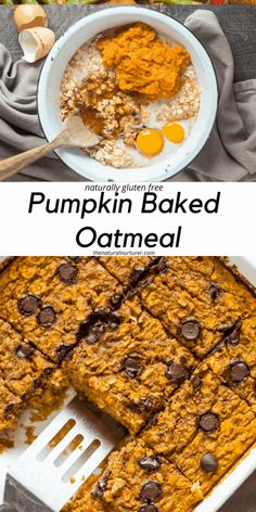 pumpkin baked oatmeal with chocolate chips and eggs in the middle, on top of