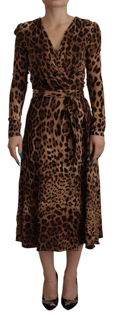 Dolce & Gabbana Brown Leopard Wrap A-line Maxi Viscose Dress Leopard Print Wrap Dress, A Line Maxi Dress, Dolce Gabbana Dress, Viscose Dress, Dolce E Gabbana, Brown Leopard, Necklines For Dresses, Maxi Wrap Dress, Dolce & Gabbana