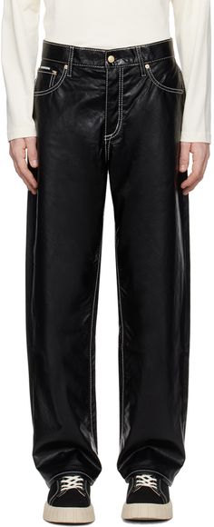 Grained faux-leather trousers. · Belt loops · Five-pocket styling · Button-fly · Logo patch at back waistband · Topstitching at back pocket · Contrast stitching in white Supplier color: Vegan black Black Benz, Faux Leather Jeans, Leather Pants Outfit, Fly Logo, Jeans Belt, Leather Pants Women, Leather Jeans, Leather Trousers, Luxury Streetwear