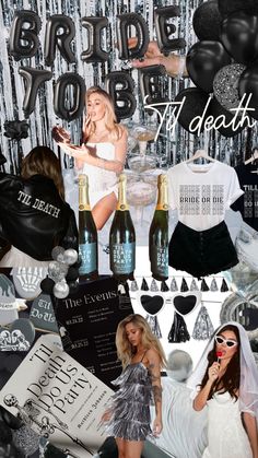 a collage of photos with black and white balloons, champagne bottles, bridesmaid dresses, and other items