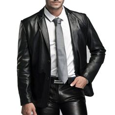 Experience the epitome of sophistication with this Men's Classic Genuine Leather Blazer Coat Jacket in Black. Tailored from 100% genuine sheepskin leather, this blazer is the epitome of luxury, quality and durability. The smooth texture and rich appearance of the black leather elevates the wearer's style to new heights, making it perfect for formal events, dinner parties or any occasion where you want to look your best. Features: 100% genuine sheepskin leather Sleek black color Classic blazer st Business Black Leather Jacket, Fitted Black Blazer For Business Meetings, Black Professional Blazer For Winter, Professional Black Blazer For Winter, Professional Black Winter Blazer, Sleek Black Leather Jacket For Formal Occasions, Elegant Black Sport Coat For Business Meetings, Black Outerwear With Suit Collar For Business Meetings, Sleek Winter Business Blazer