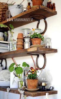 the shelves are filled with pots and plants