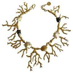 Articulated gilt "metal dore" faux coral branch necklace, adorned with natural seashells - made in Paris France. Coral Life, Lobster Necklace, Contemporary French, Branch Necklace, Bold Necklace, Pea Pods, Seashell Jewelry, Seashell Necklace, Coral Necklace