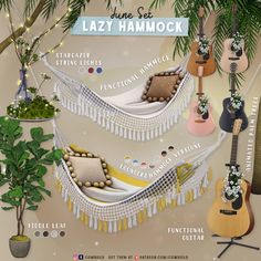 an image of a hammock with guitars and plants