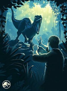 a man is feeding a dinosaur in the jungle with his hand out to another person