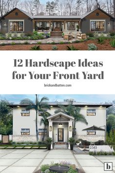 the front and back views of two houses with text overlay that reads, 12 landscape ideas for your front yard