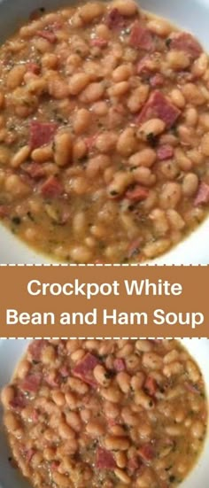 crockpot white bean and ham soup is shown in two separate bowls with the same toppings