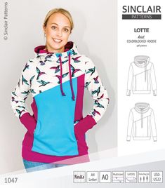 a women's hoodie with birds on it and the pattern is shown in two different colors