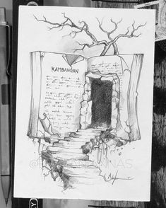 a drawing of a book with writing on it and a tree growing out of the pages